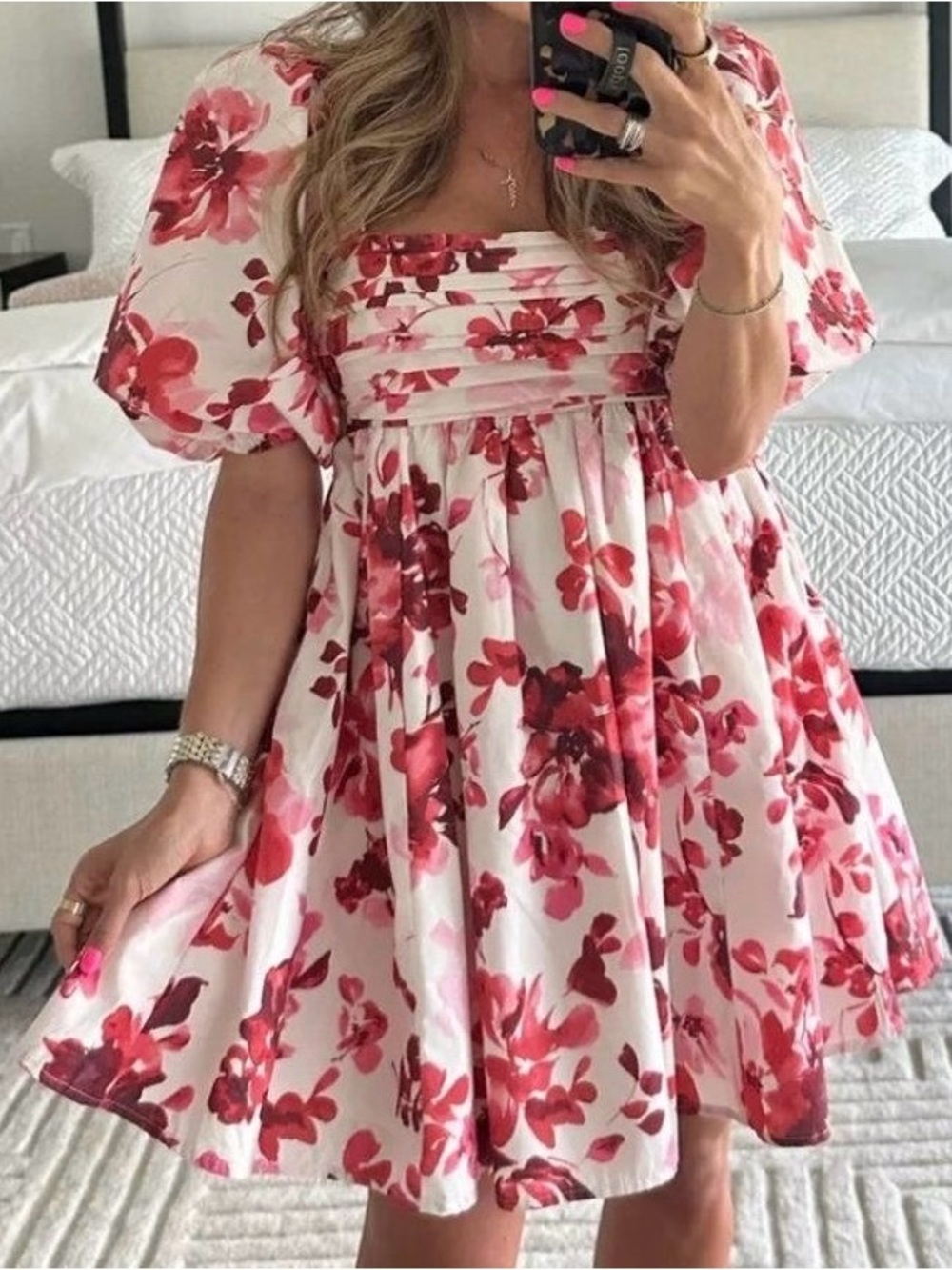 Abercrombie Emerson Floral Puff-Sleeve Babydoll Dress - White & Red Pink